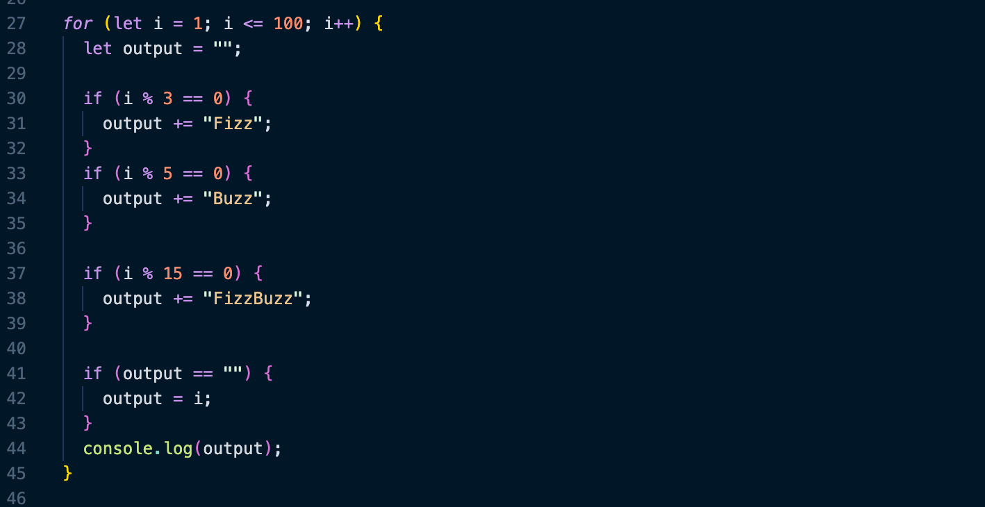 A snip of code showing fizzbuzz