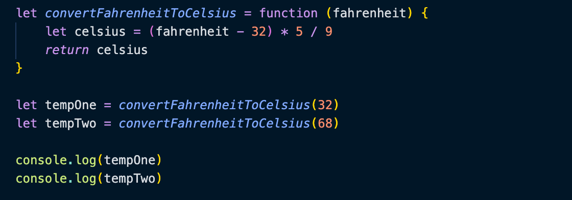 A snip of JavaScript showing a temperature converter.